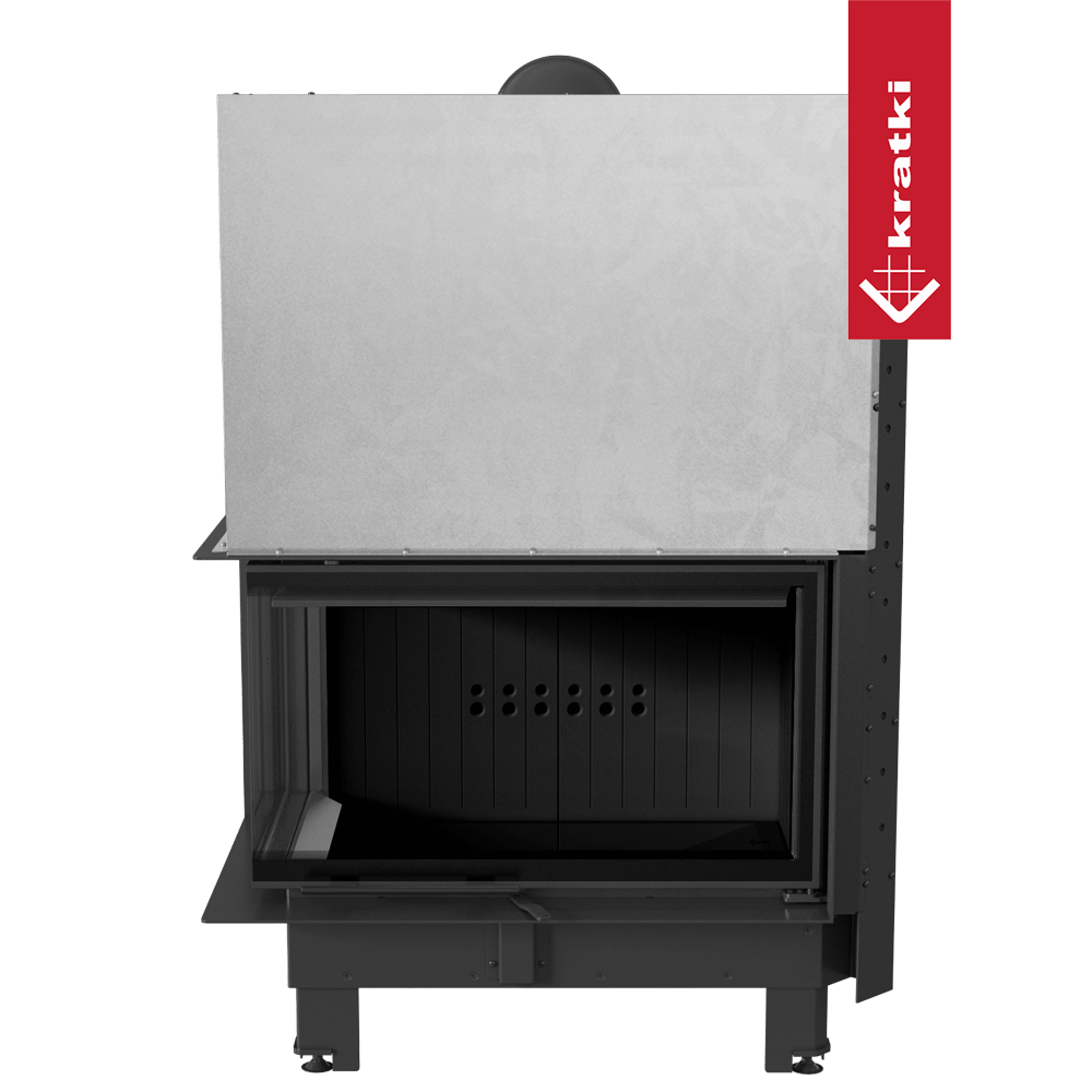 Kamineinsatz KRATKI MBO links 15 kW Ø 200 mit Schiebetür gebogenes Glas schwarz Verkleidung