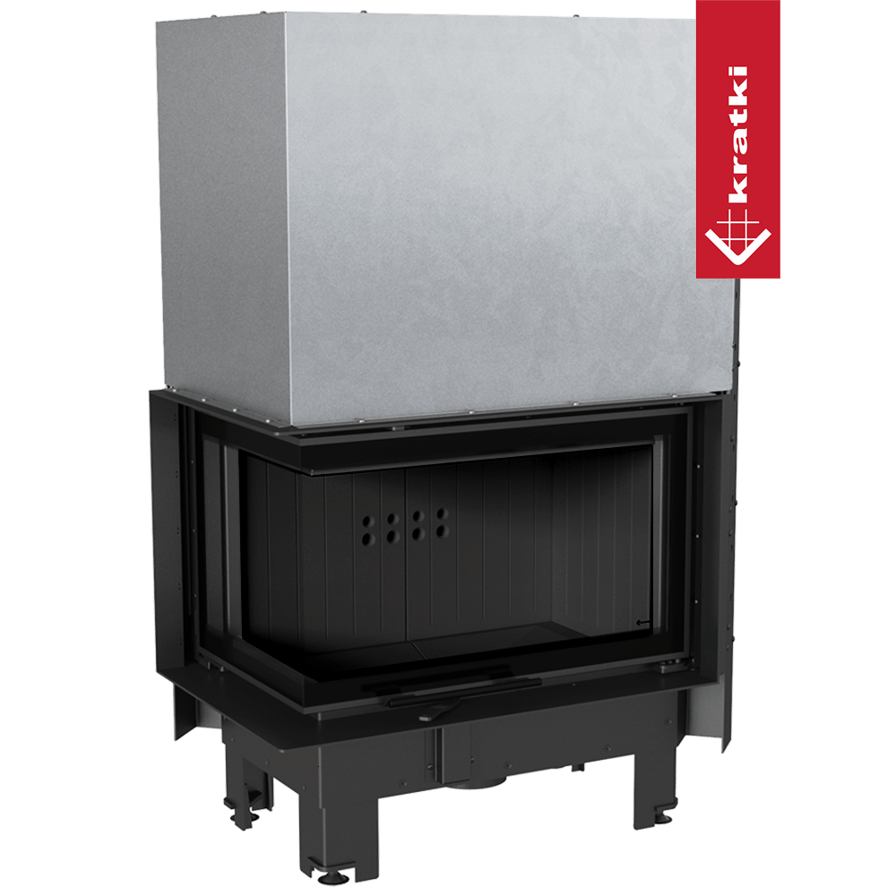 Kamineinsatz KRATKI MBM links 10 kW Ø 200 mit Schiebetür gebogenes Glas schwarz Verkleidung