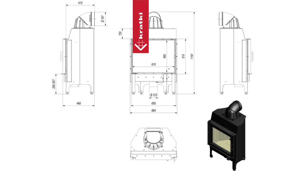 Kamineinsatz aus Stahl KRATKI NADIA 10 kW Ø 200 mit Türfeder