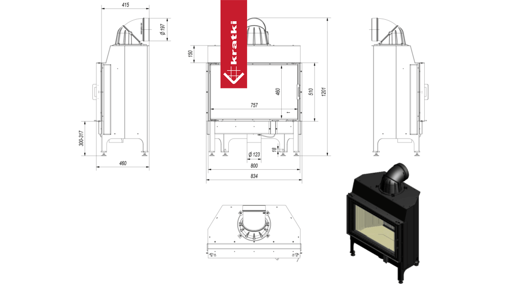 Kamineinsatz aus Stahl KRATKI NADIA 12 kW Ø 200 mit Türfeder