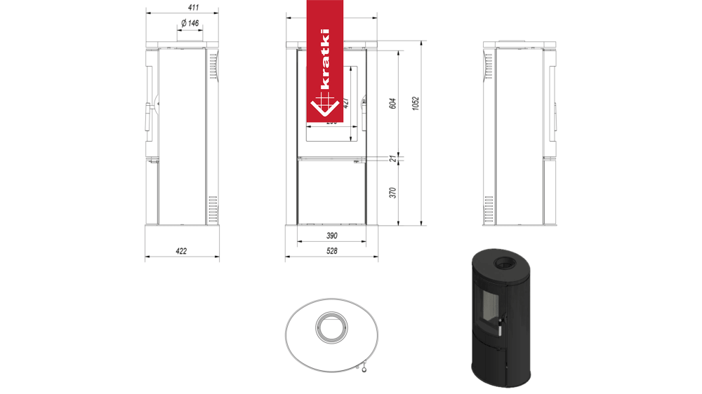 Stahl-Gusseisen Kaminofen KRATKI AB Ø 150 8 kW mit Türfeder