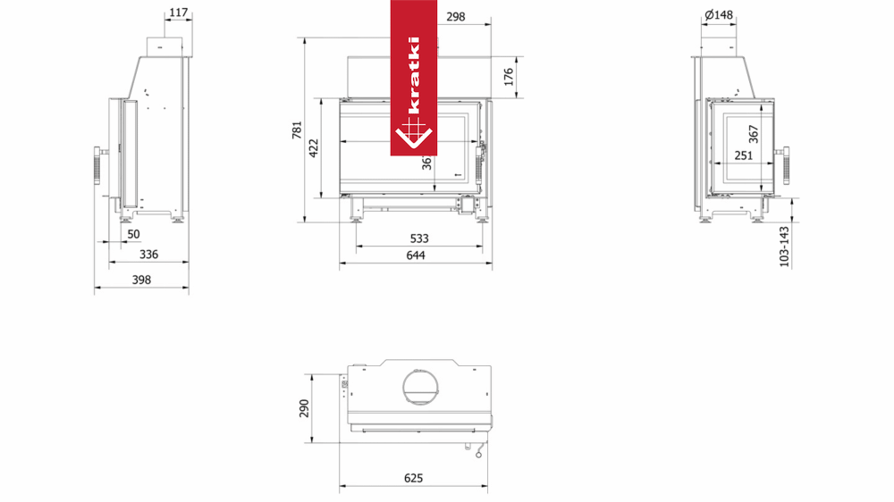 Kamineinsatz aus Stahl KRATKI SIMPLE links 6 kW Ø 150 mit Türfeder