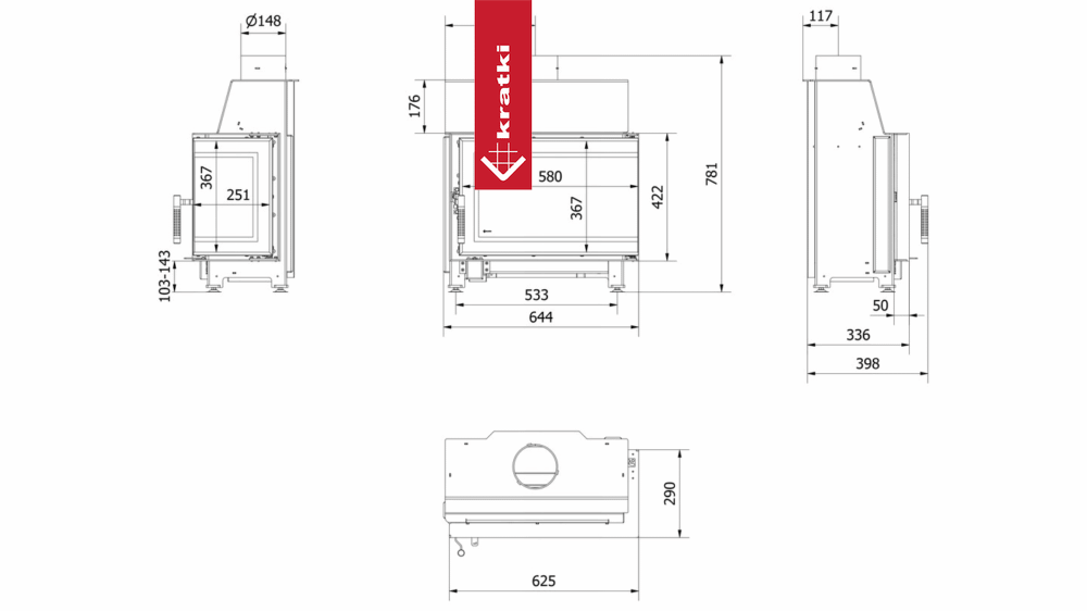 Stahlkamin mit Schließung KRATKI SIMPLE rechts 6 kW
