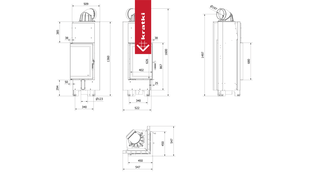 Kamineinsatz aus Stahl KRATKI MBN links 10 kW Ø 200 mit Türfeder