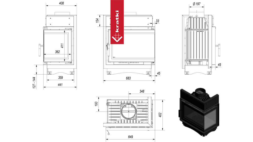 Kamineinsatz Gusseisen KRATKI MAJA rechts 8 kW Ø 200 DECO