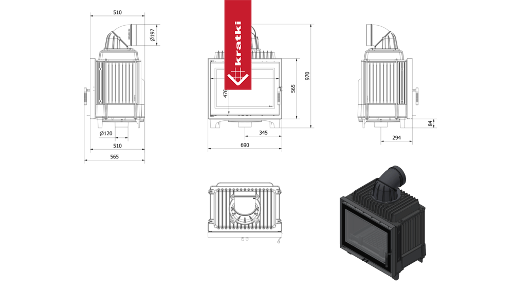 Kamineinsatz Gusseisen KRATKI FRANEK DECO 12 kW Ø 200