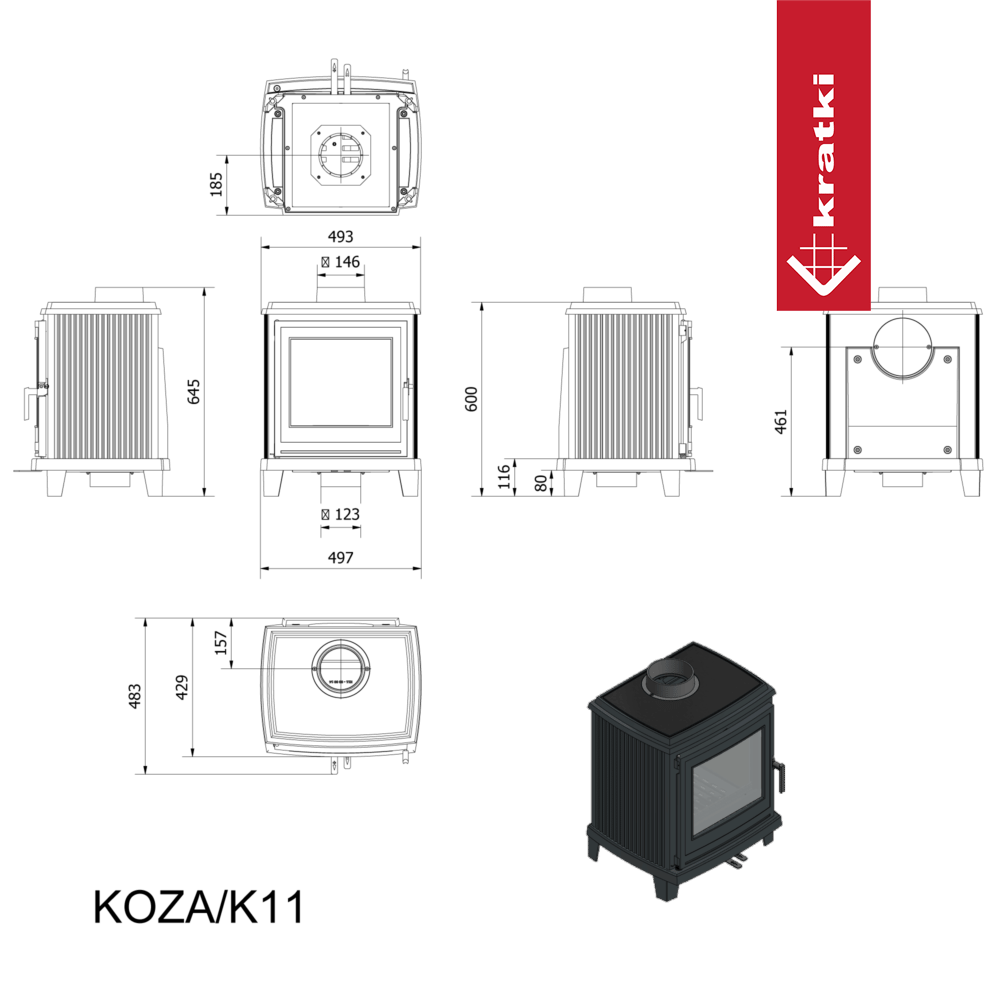 Gußeisen Kaminofen KRATKI K11 Ø 150 6 kW