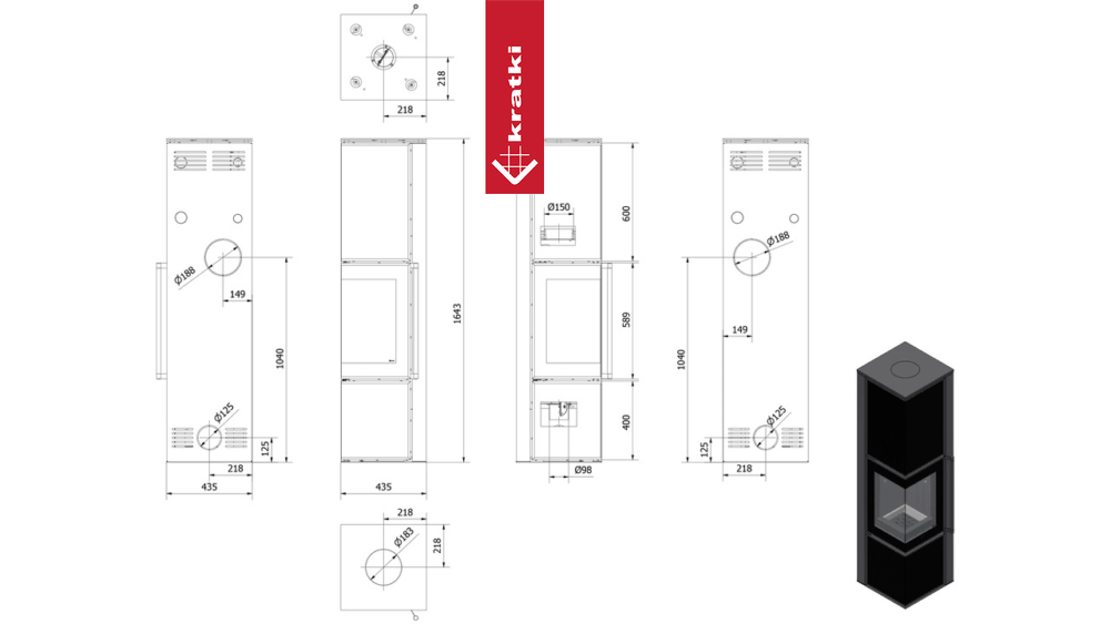 Kaminofen aus Stahl KRATKI TORA/L 8 kW Ø 150 Quarzsinter Nero Assoluto