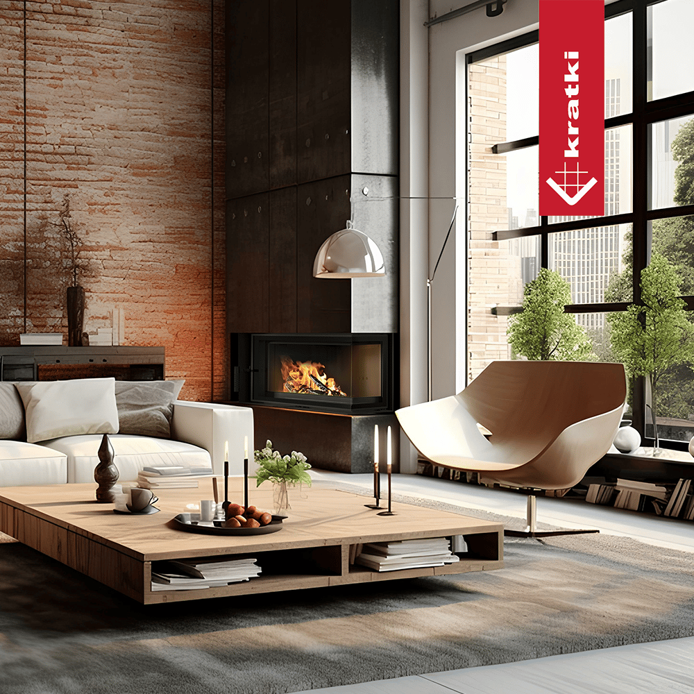 KRATKI-Luftkamin FLOKI S rechts 8 kW Ø 160 mit schwarzer Thermotec