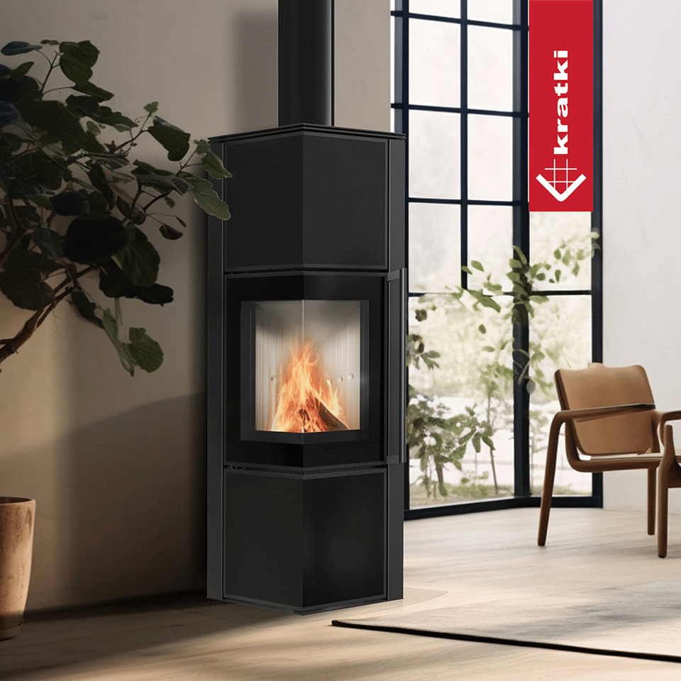 Kaminofen aus Stahl KRATKI TORA/M 8 kW Ø 150 Quarzsinter Nero Assoluto mit Türfeder