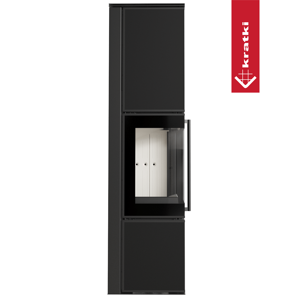 Kaminofen aus Stahl KRATKI TORA/L 8 kW Ø 150 Quarzsinter Nero Assoluto mit Türfeder
