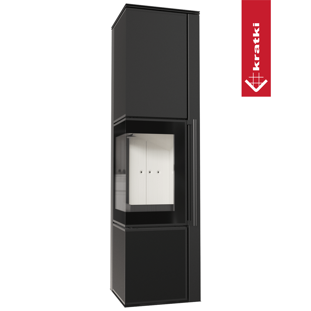 Kaminofen aus Stahl KRATKI TORA/L 8 kW Ø 150 Quarzsinter Nero Assoluto mit Türfeder