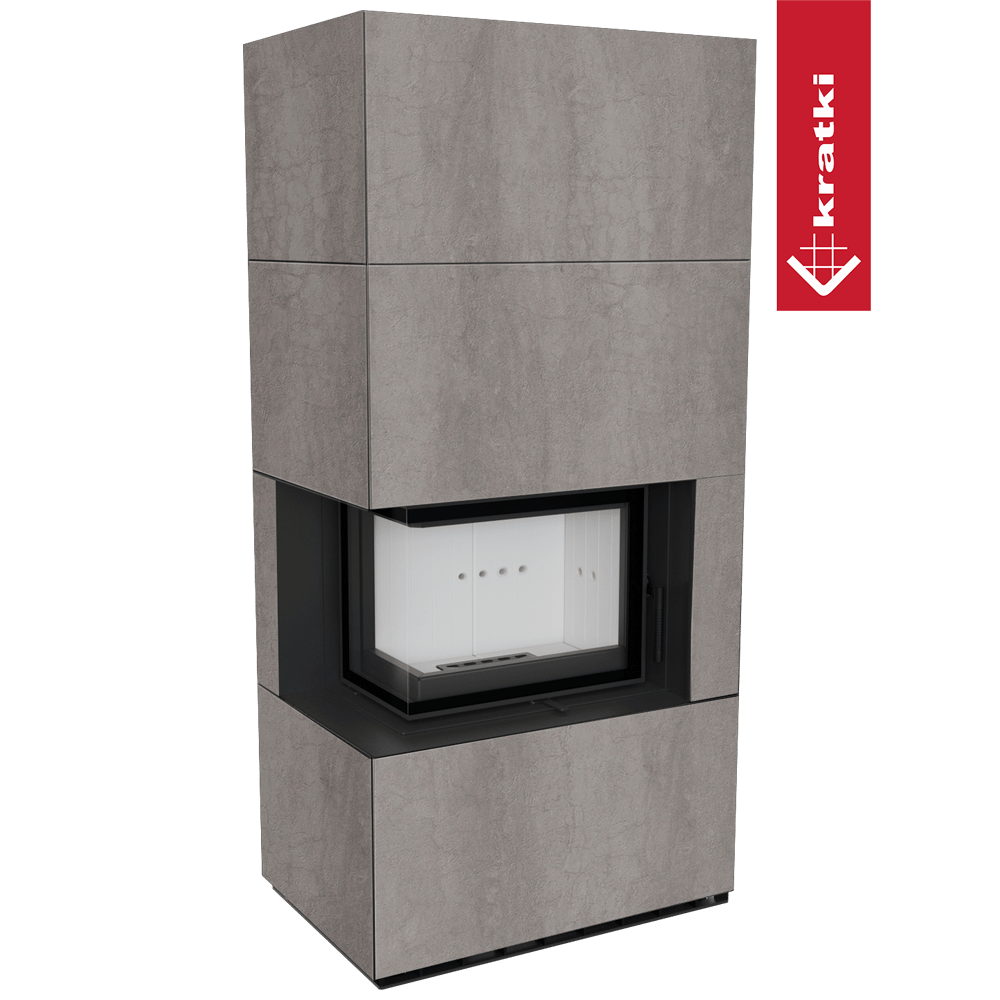 Kaminbausatz KRATKI FLOKI BOX links 8 kW Ø 160 Quarzsinter NATURALI PIETRA DI SAVOIA GRIGIA BOCCIARDATA