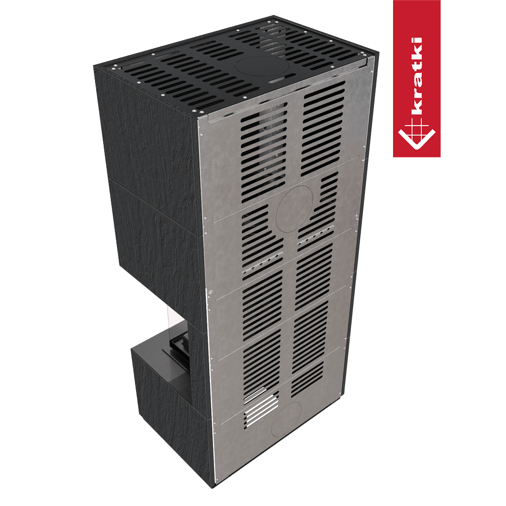 Kaminbausatz KRATKI FLOKI BOX rechts 8 kW Ø 160 Quarzsinter NATURALI ARDESIA NERO A SPACCO