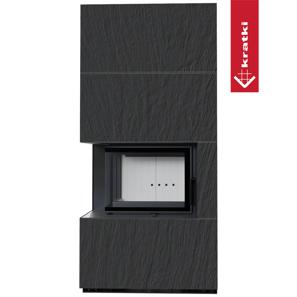 Kaminbausatz KRATKI FLOKI BOX links 8 kW Ø 160 Quarzsinter NATURALI ARDESIA NERO A SPACCO