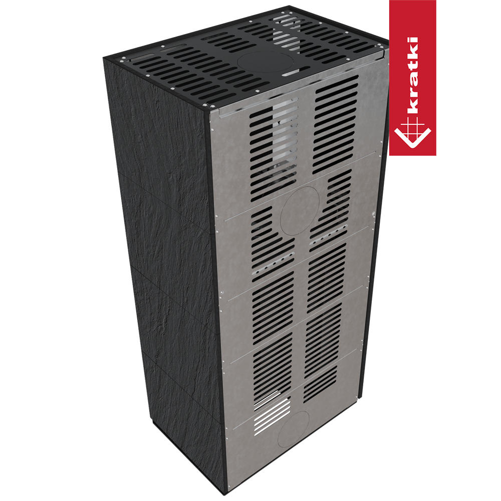 Kaminbausatz KRATKI FLOKI BOX links 8 kW Ø 160 Quarzsinter NATURALI ARDESIA NERO A SPACCO