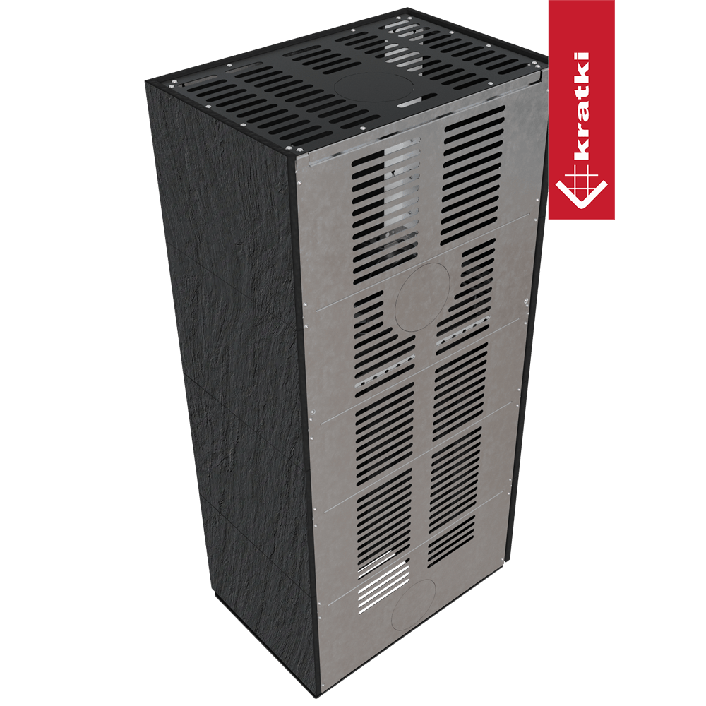 Kaminbausatz KRATKI FLOKI BOX links 8 kW Ø 160 Quarzsinter NATURALI ARDESIA NERO A SPACCO schwarz Verkleidung
