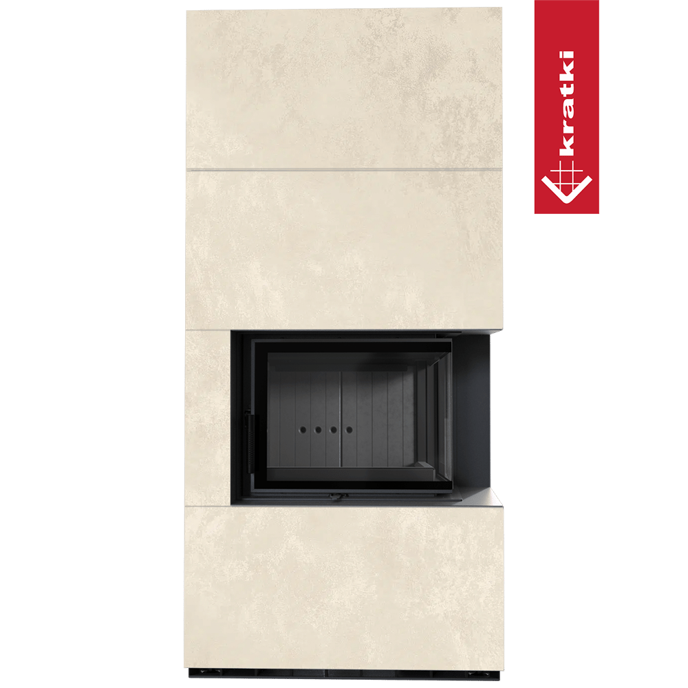 Kaminbausatz KRATKI FLOKI BOX rechts 8 kW Ø 160 Quarzsinter OXIDE BIANCO schwarz Verkleidung