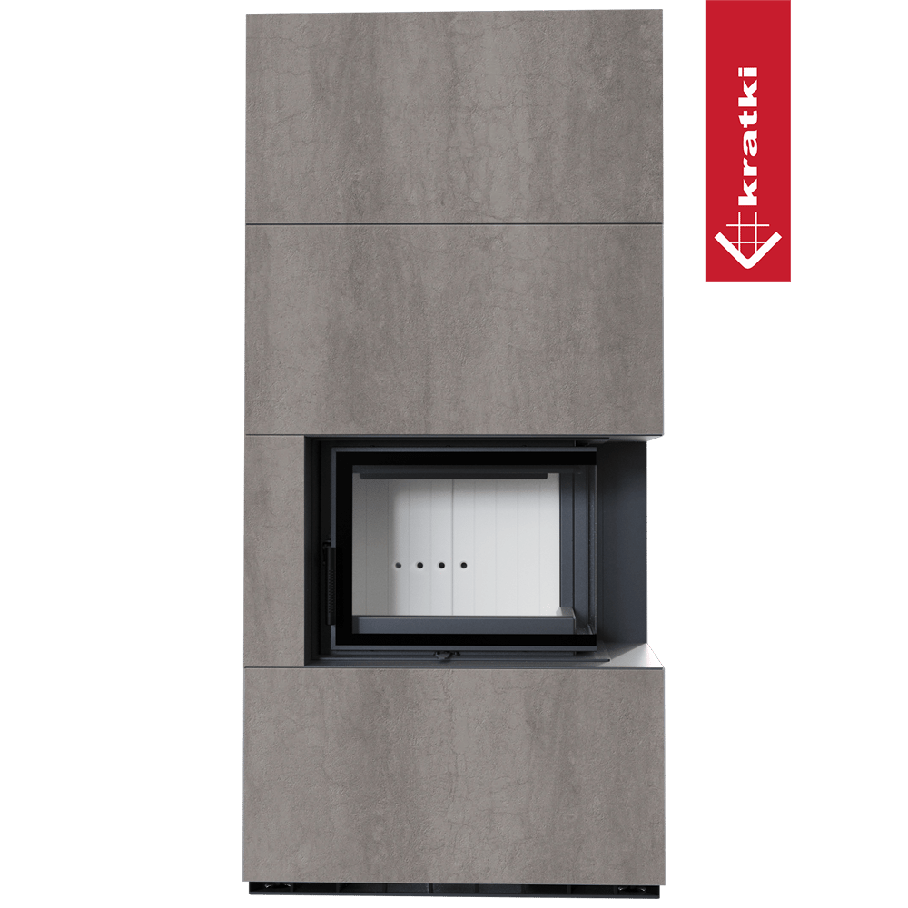 Kaminbausatz KRATKI FLOKI BOX rechts 8 kW Ø 160 Quarzsinter NATURALI PIETRA DI SAVOIA GRIGIA BOCCIARDATA