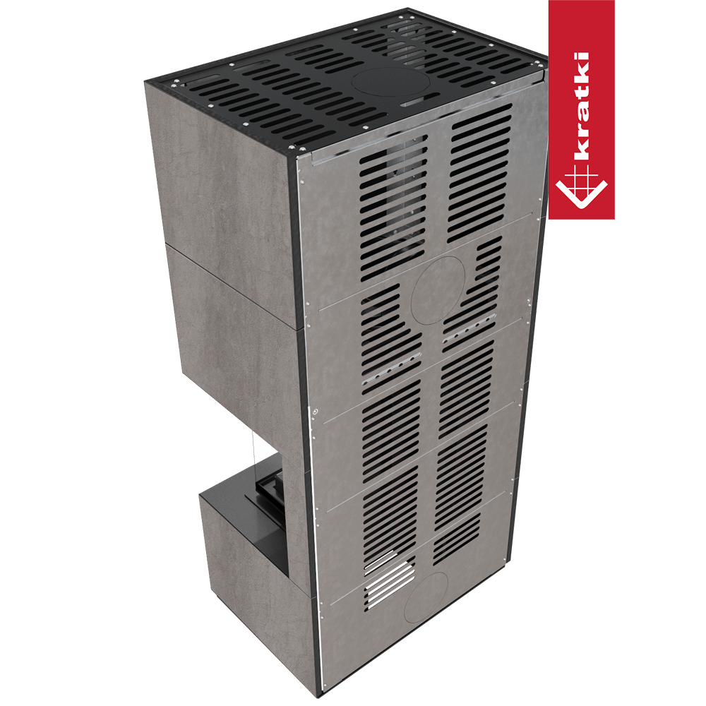 Kaminbausatz KRATKI FLOKI BOX rechts 8 kW Ø 160 Quarzsinter NATURALI PIETRA DI SAVOIA GRIGIA BOCCIARDATA