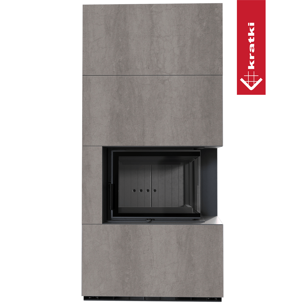 Kaminbausatz KRATKI FLOKI BOX rechts 8 kW Ø 160 Quarzsinter NATURALI PIETRA DI SAVOIA GRIGIA BOCCIARDATA schwarz Verkleidung