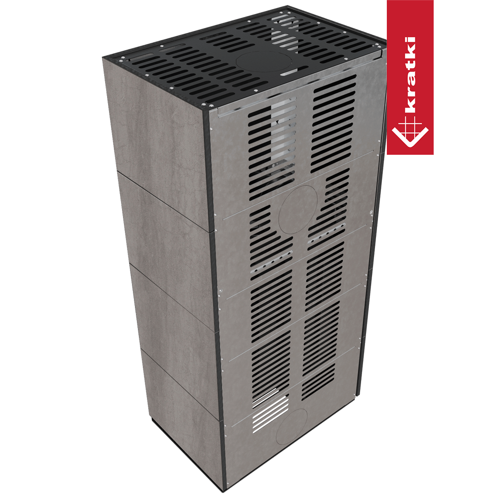 Kaminbausatz KRATKI FLOKI BOX links 8 kW Ø 160 Quarzsinter NATURALI PIETRA DI SAVOIA GRIGIA BOCCIARDATA schwarz Verkleidung