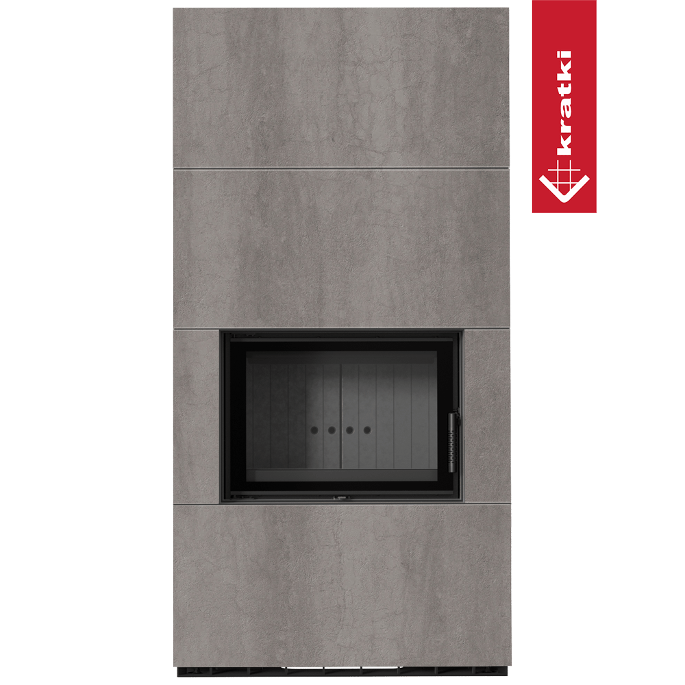 Kaminbausatz KRATKI FLOKI BOX 8 kW Ø 160 Quarzsinter NATURALI PIETRA DI SAVOIA GRIGIA BOCCIARDATA schwarz Verkleidung