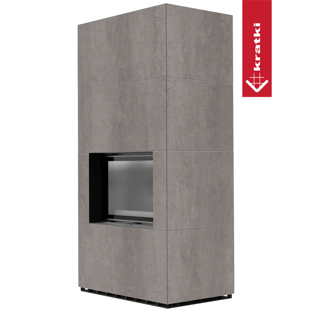 Kaminbausatz KRATKI FLOKI BOX 8 kW Ø 160 Quarzsinter NATURALI PIETRA DI SAVOIA GRIGIA BOCCIARDATA schwarz Verkleidung