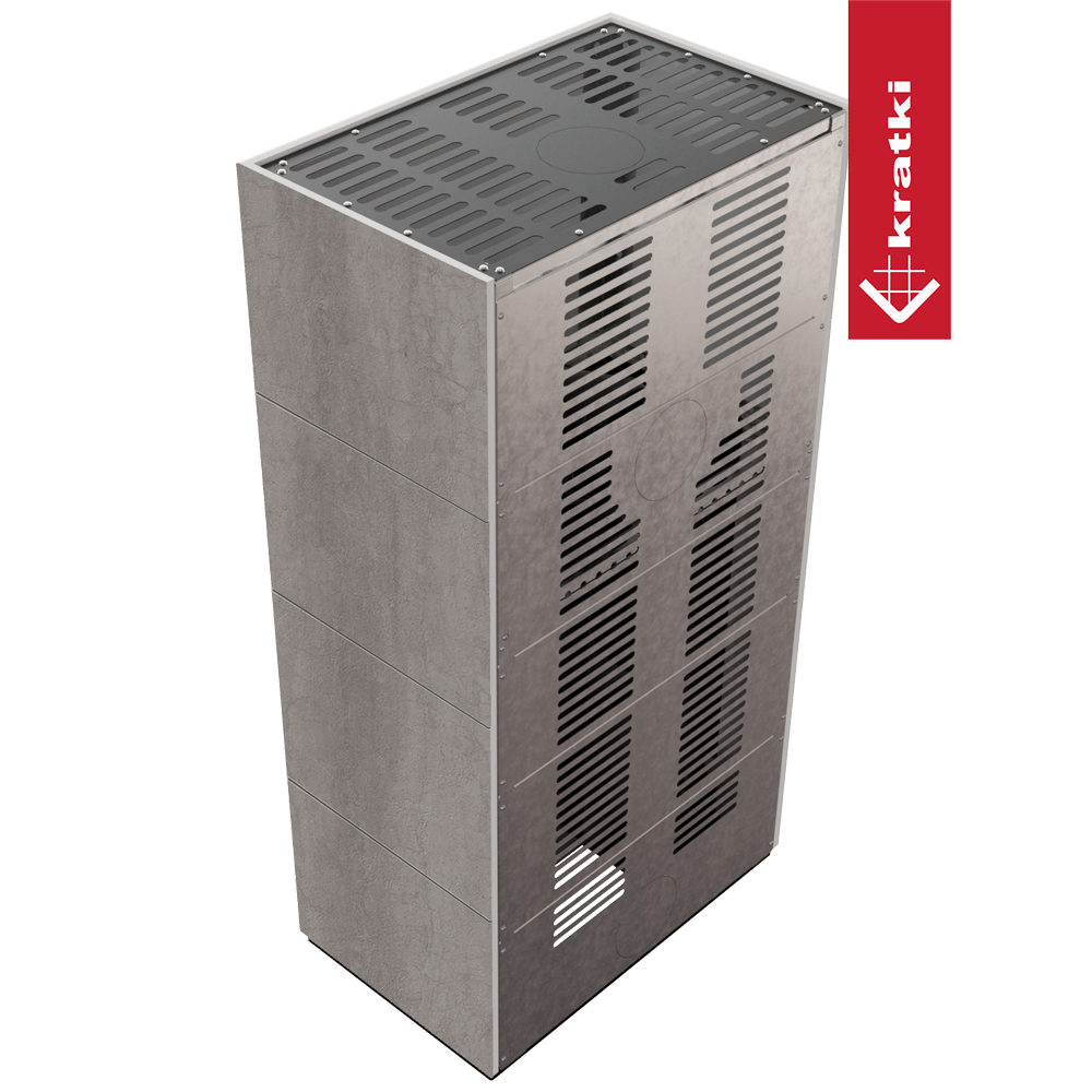 Kaminbausatz KRATKI FLOKI BOX 8 kW Ø 160 Quarzsinter NATURALI PIETRA DI SAVOIA GRIGIA BOCCIARDATA schwarz Verkleidung