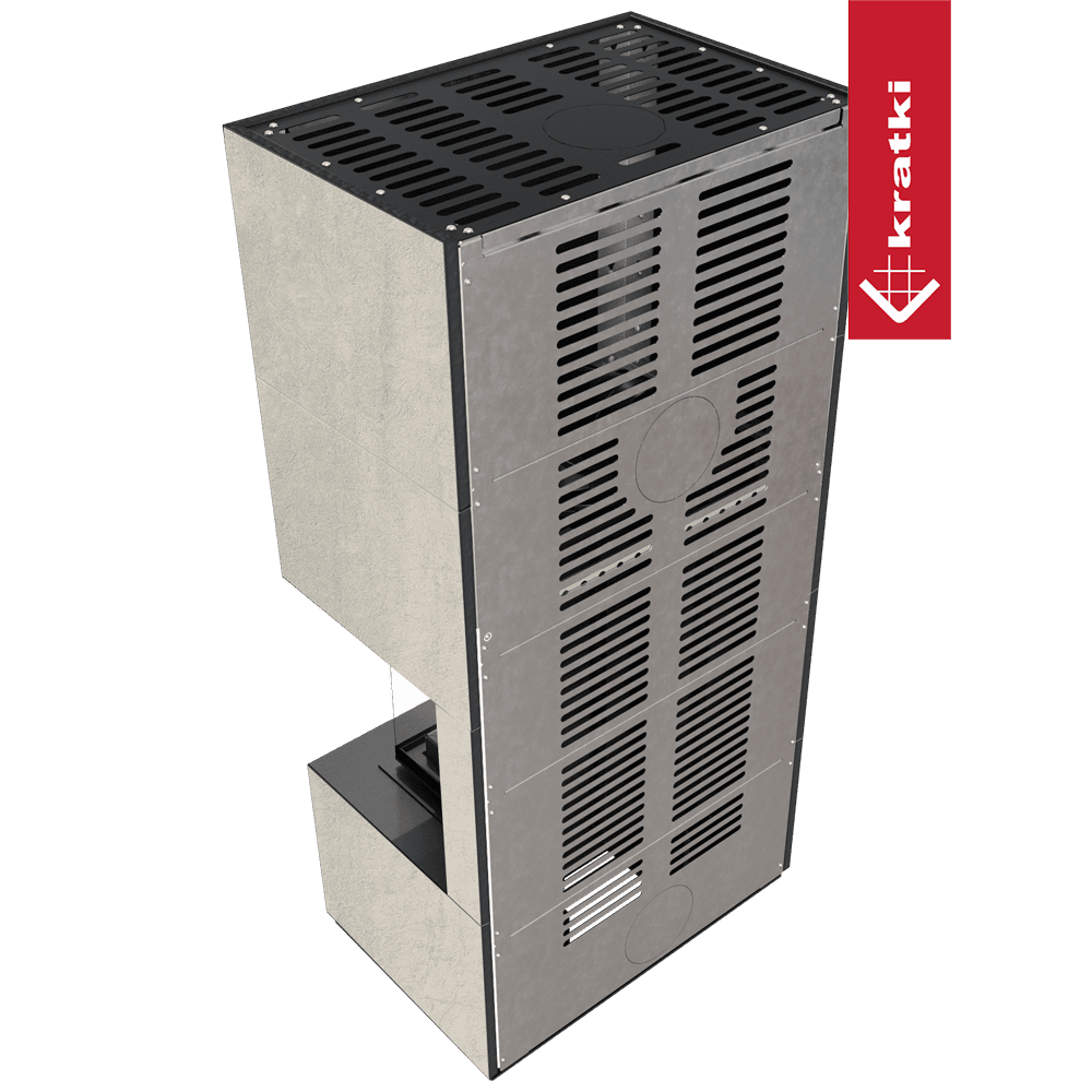 Kaminbausatz KRATKI FLOKI BOX rechts 8 kW Ø 160 Quarzsinter NATURALI PIETRA DI SAVOIA PERLA BOCCIARDATA