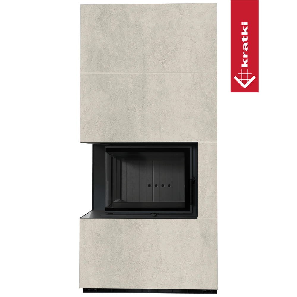 Kaminbausatz KRATKI FLOKI BOX links 8 kW Ø 160 Quarzsinter NATURALI PIETRA DI SAVOIA PERLA BOCCIARDATA schwarz Verkleidung