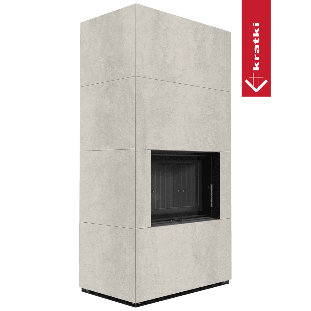 Kaminbausatz KRATKI FLOKI BOX 8 kW Ø 160 Quarzsinter NATURALI PIETRA DI SAVOIA PERLA BOCCIARDATA schwarz Verkleidung