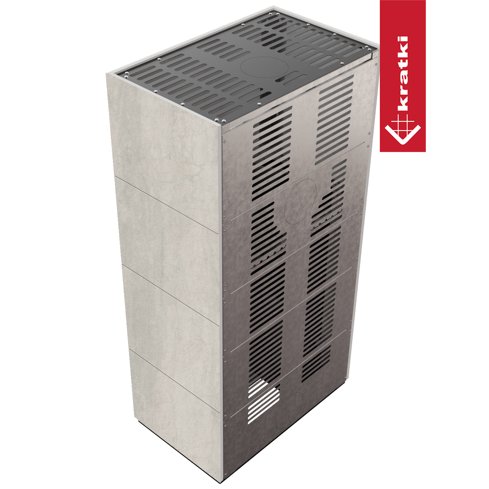 Kaminbausatz KRATKI FLOKI BOX 8 kW Ø 160 Quarzsinter NATURALI PIETRA DI SAVOIA PERLA BOCCIARDATA schwarz Verkleidung