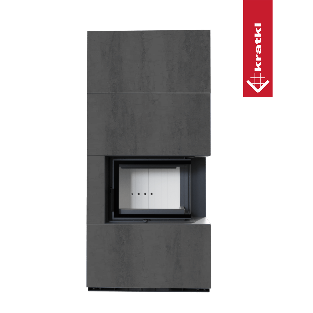 Kaminbausatz KRATKI FLOKI BOX rechts 8 kW Ø 160 Quarzsinter NATURALI PIETRA DI SAVOIA ANTRANCITE BOCCIARDATA