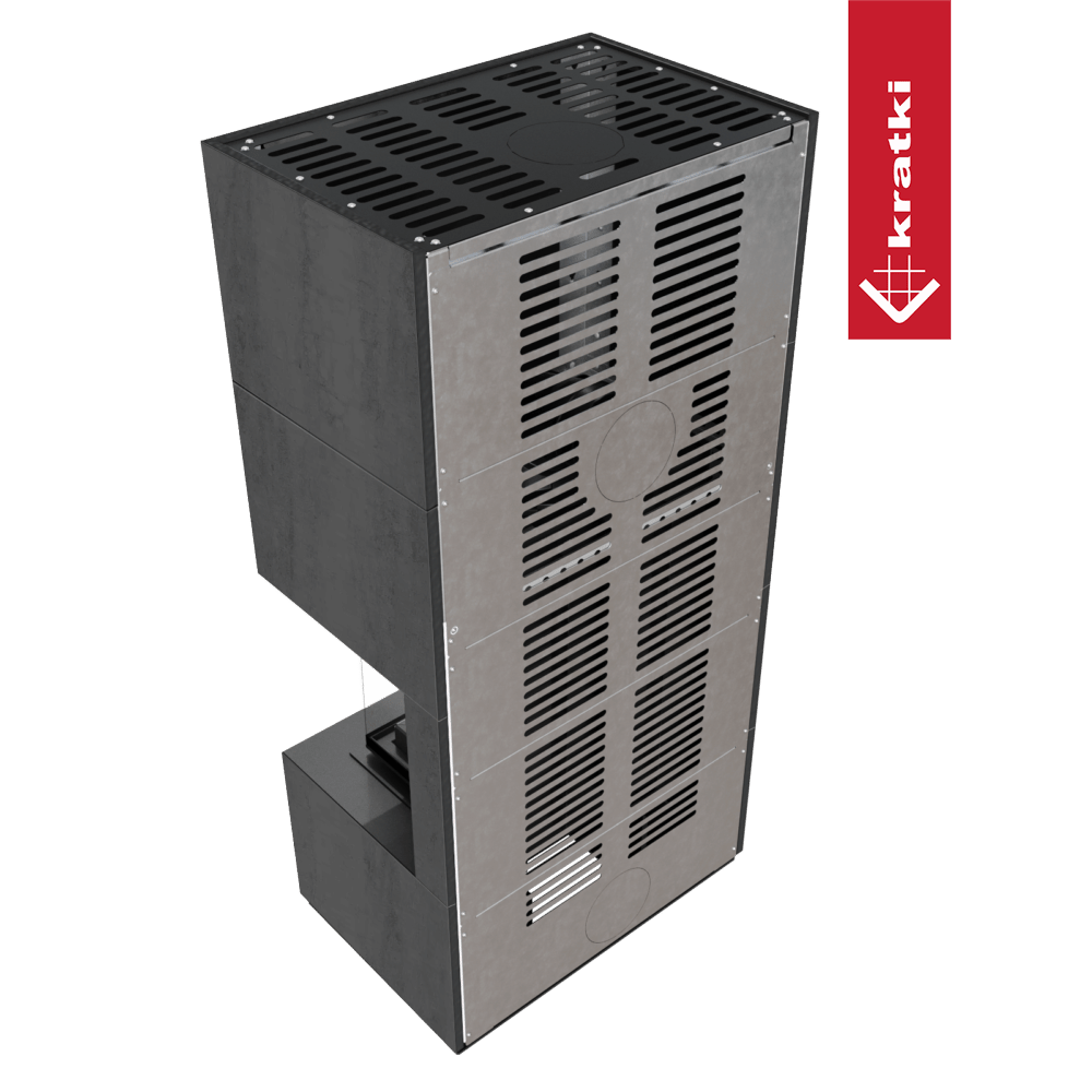 Kaminbausatz KRATKI FLOKI BOX rechts 8 kW Ø 160 Quarzsinter NATURALI PIETRA DI SAVOIA ANTRANCITE BOCCIARDATA