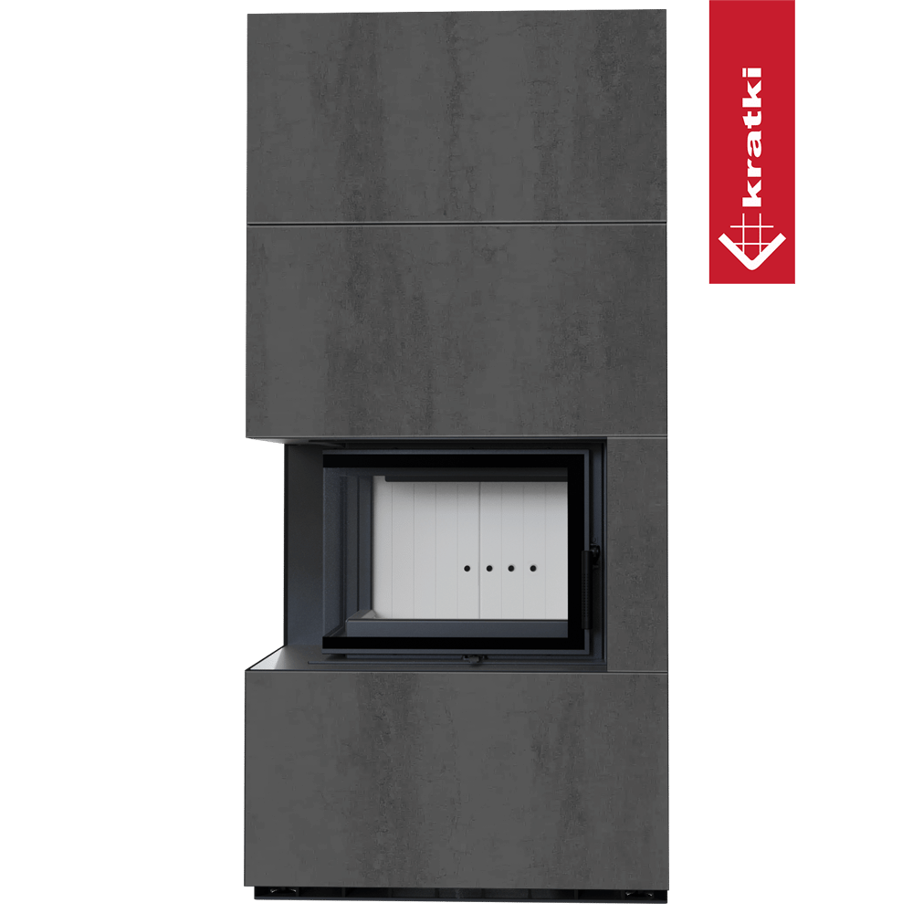 Kaminbausatz KRATKI FLOKI BOX links 8 kW Ø 160 Quarzsinter NATURALI PIETRA DI SAVOIA ANTRANCITE BOCCIARDATA