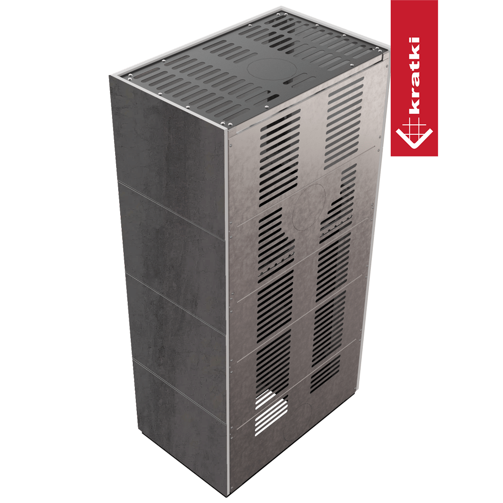 Kaminbausatz KRATKI FLOKI BOX 8 kW Ø 160 Quarzsinter NATURALI PIETRA DI SAVOIA ANTRANCITE BOCCIARDATA