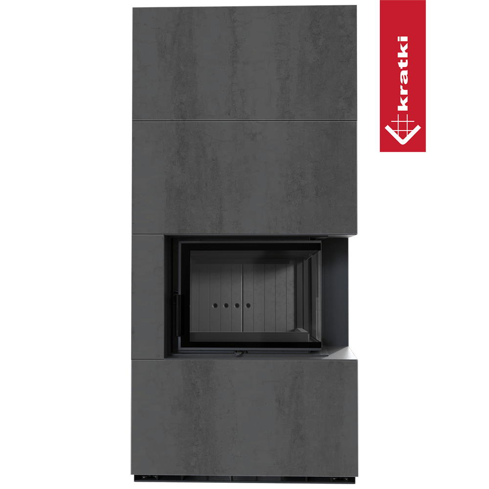 Kaminbausatz KRATKI FLOKI BOX rechts 8 kW Ø 160 Quarzsinter NATURALI PIETRA DI SAVOIA ANTRANCITE BOCCIARDATA schwarz Verkleidung