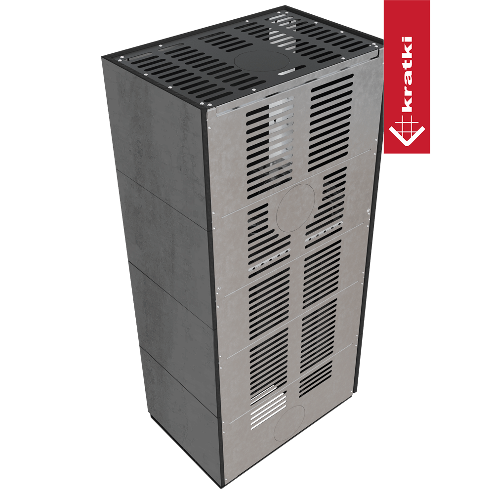 Kaminbausatz KRATKI FLOKI BOX rechts 8 kW Ø 160 Quarzsinter NATURALI PIETRA DI SAVOIA ANTRANCITE BOCCIARDATA schwarz Verkleidung