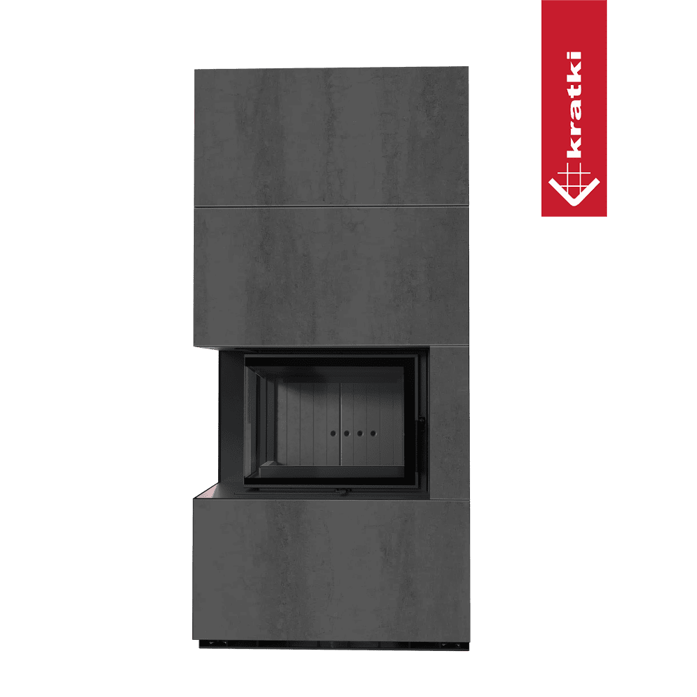 Kaminbausatz KRATKI FLOKI BOX links 8 kW Ø 160 Quarzsinter NATURALI PIETRA DI SAVOIA ANTRANCITE BOCCIARDATA schwarz Verkleidung