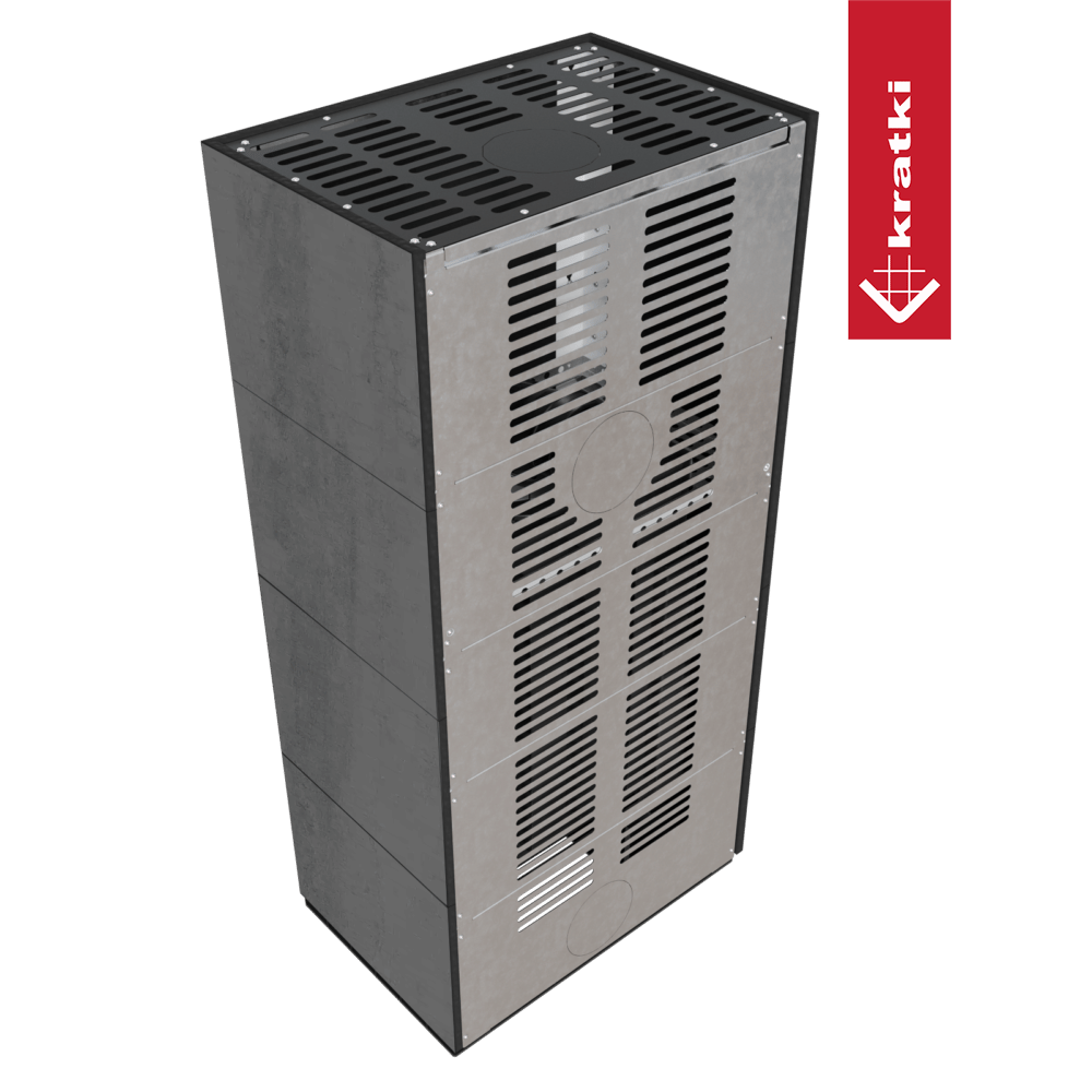 Kaminbausatz KRATKI FLOKI BOX links 8 kW Ø 160 Quarzsinter NATURALI PIETRA DI SAVOIA ANTRANCITE BOCCIARDATA schwarz Verkleidung