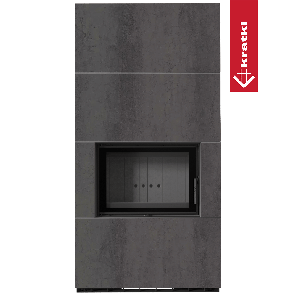 Kaminbausatz KRATKI FLOKI BOX 8 kW Ø 160 Quarzsinter NATURALI PIETRA DI SAVOIA ANTRANCITE BOCCIARDATA schwarz Verkleidung