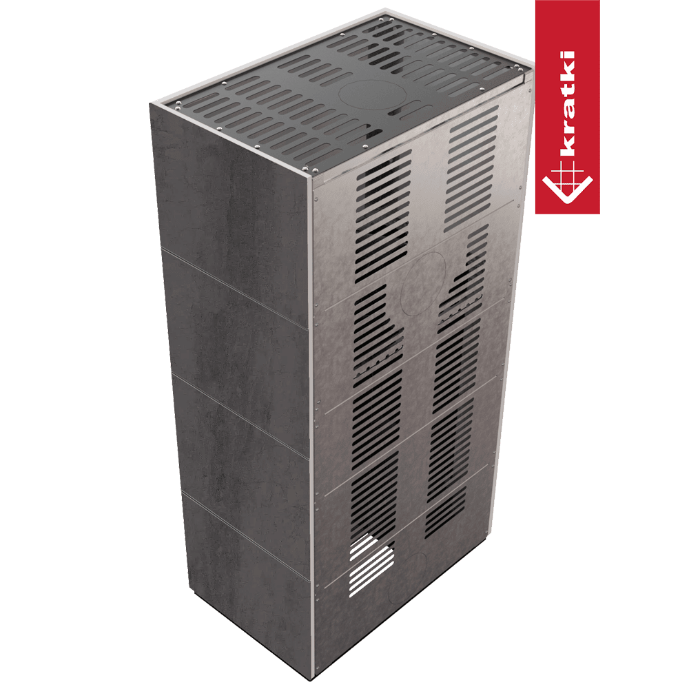 Kaminbausatz KRATKI FLOKI BOX 8 kW Ø 160 Quarzsinter NATURALI PIETRA DI SAVOIA ANTRANCITE BOCCIARDATA schwarz Verkleidung