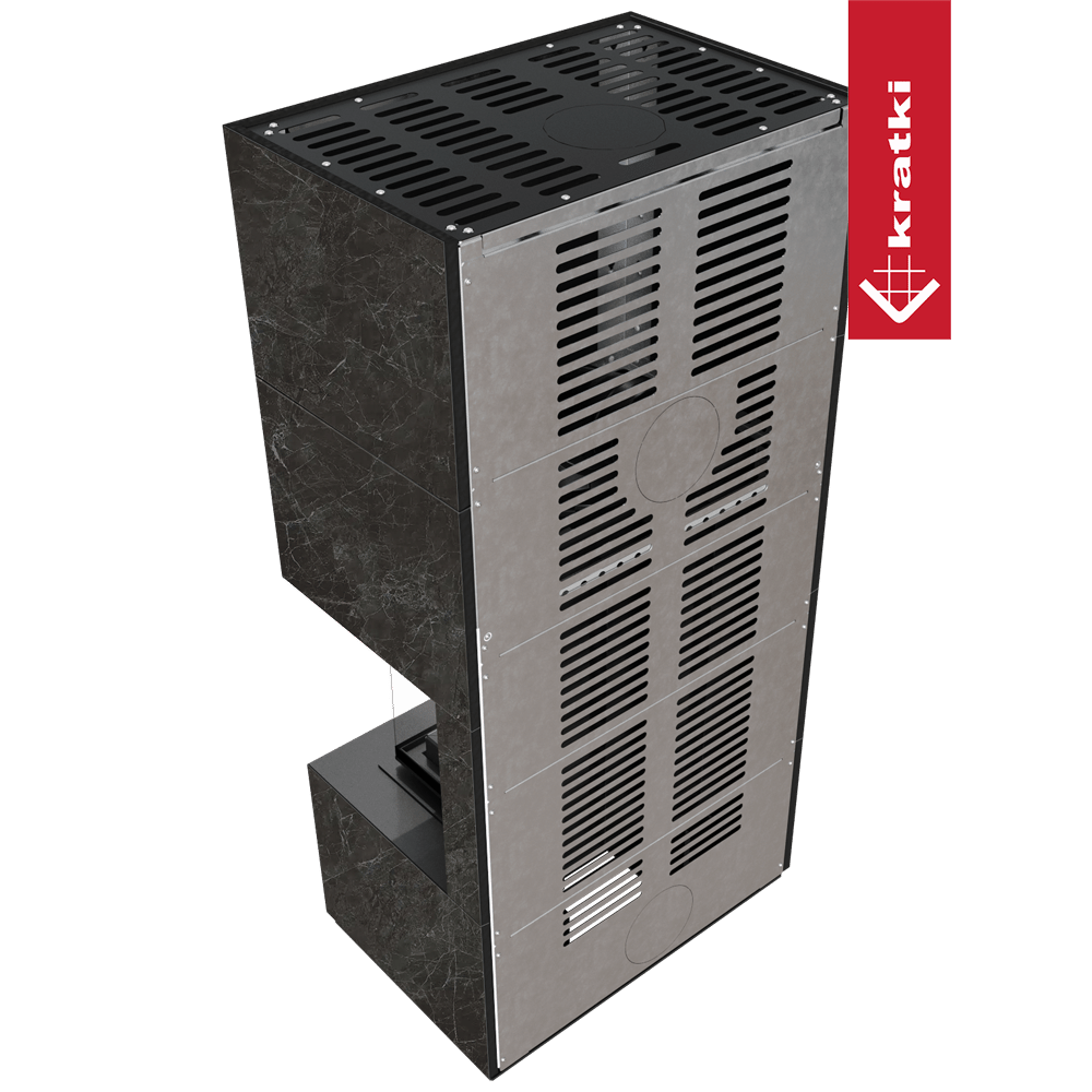 Kaminbausatz KRATKI FLOKI BOX rechts 8 kW Ø 160 Quarzsinter NATURALI NERO GRECO