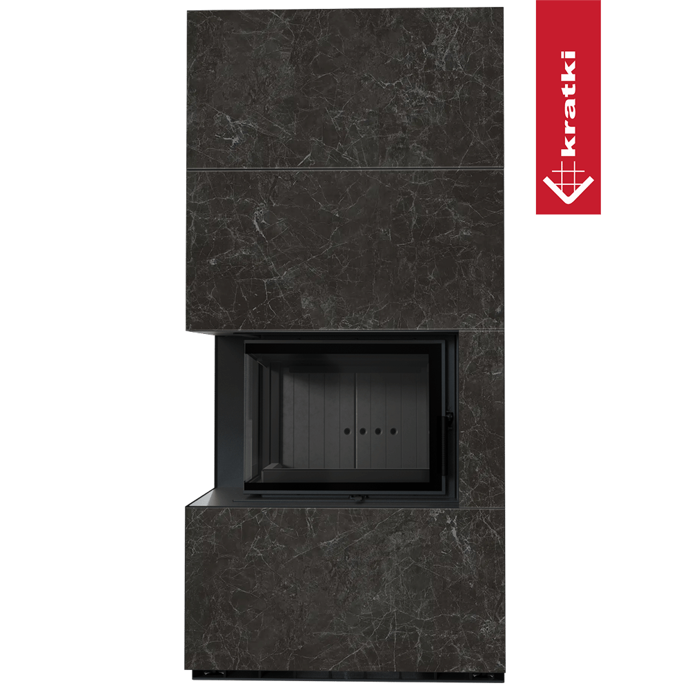 Kaminbausatz KRATKI FLOKI BOX links 8 kW Ø 160 Quarzsinter NATURALI NERO GRECO schwarz Verkleidung
