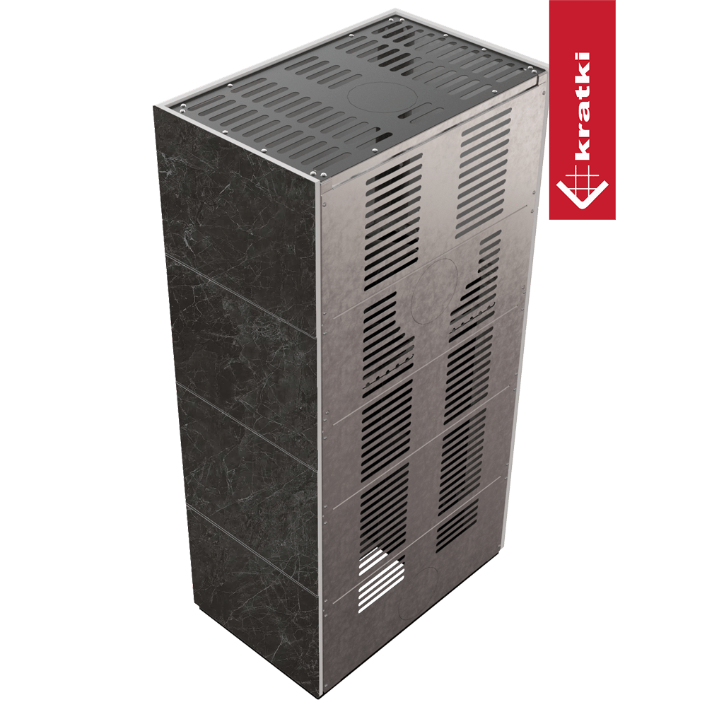Kaminbausatz KRATKI FLOKI BOX 8 kW Ø 160 Quarzsinter NATURALI NERO GRECO schwarz Verkleidung