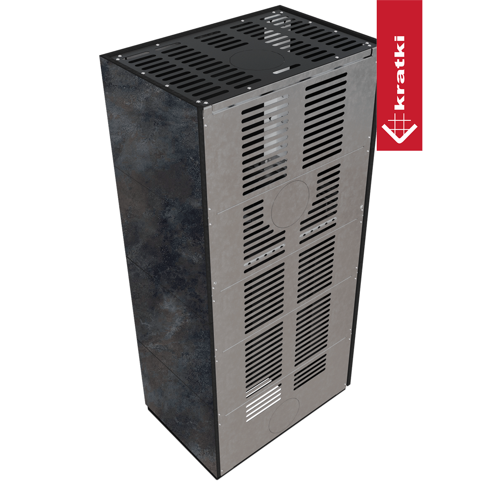 Kaminbausatz KRATKI FLOKI BOX rechts 8 kW Ø 160 Quarzsinter OSSIDO NERO schwarz Verkleidung
