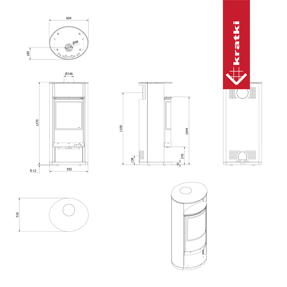 Kaminofen aus Stahl KRATKI RUNA Ø 150 8 kW schwarz Verkleidung