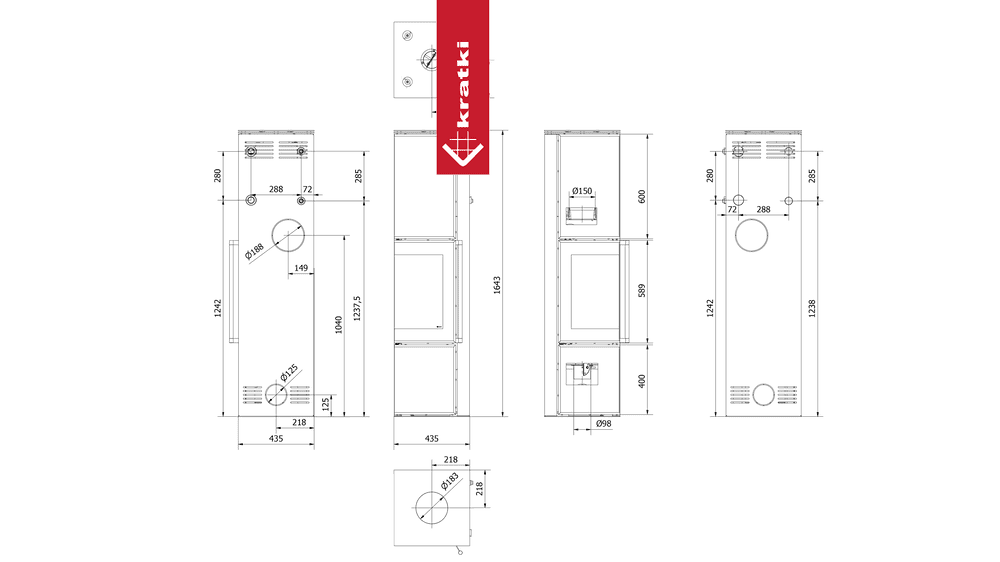 Kaminofen aus Stahl KRATKI TORA/L 8 kW Ø 150 Schwarzes Glaspaneel schwarz Verkleidung mit Türfeder