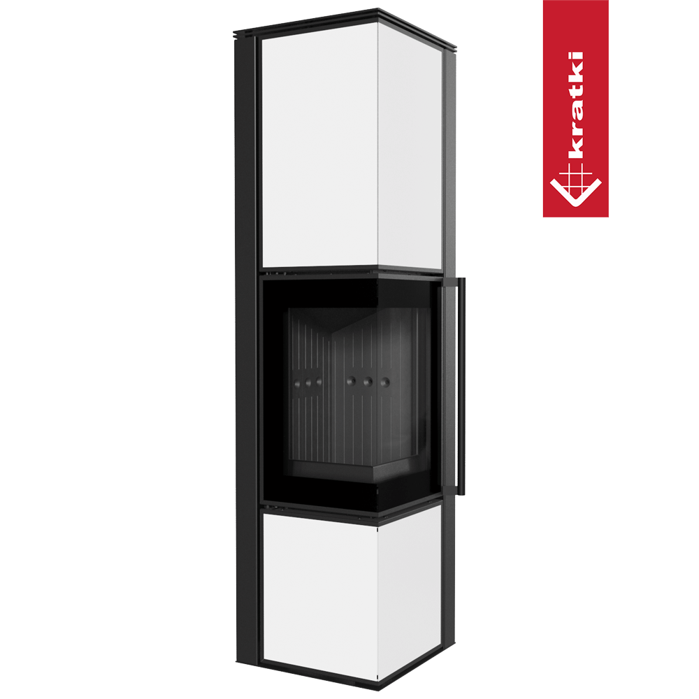 Kaminofen aus Stahl KRATKI TORA/L 8 kW Ø 150 Weißes Glaspaneel schwarz Verkleidung mit Türfeder